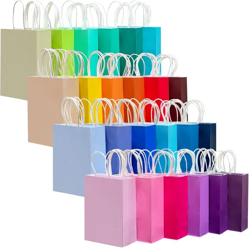qiqee Bolsa de regalo pequeña de 24 colores con asas, 24 bolsas de papel para fiestas, 8.3 x 6 x 3 pulgadas, múltiples usos (tamaño pequeño)