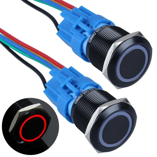 Miniatura 15 de 2 interruptores de botón de bloqueo de 0.748 in de 12 V-24 V, anillo de CC LED 1NO 1NC impermeable botón de metal negro encendido apagado