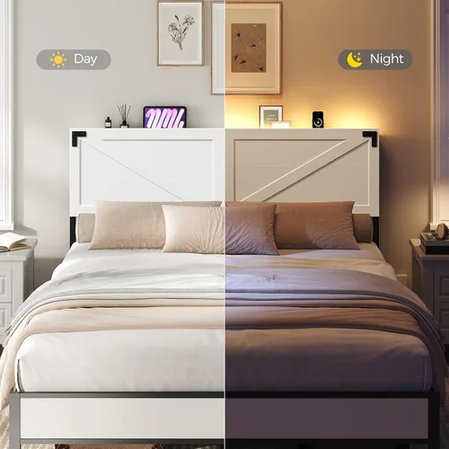 Miniatura 5 de MAHANCRIS Cabecera Solo Tamaño Queen, Cabecera con 2 Tomacorrientes y 4 Puertos USB, Cabecera Estilo Granja, con Luces LED, Almacenamiento Seguro