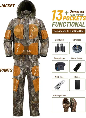 Miniatura 3 de NEW VIEW Ropa de caza de camuflaje para hombres, forro polar cálido y silencioso, chaqueta y pantalones de caza de ciervos para clima frío