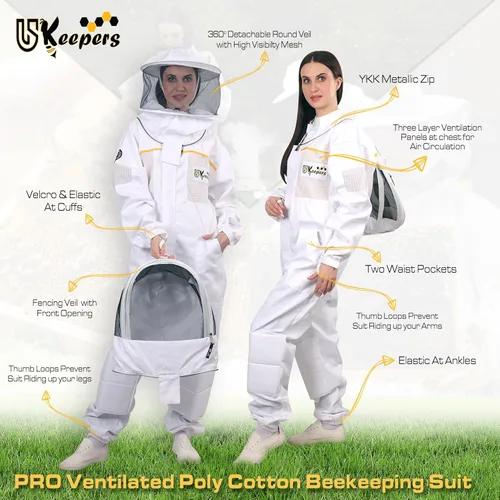 Miniatura 4 de Traje de apicultura de polialgodón ultra ventilado para hombres y mujeres con guantes y dos velos de apicultura, traje de apicultura profesional
