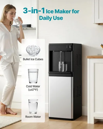 Miniatura 2 de VEVOR Dispensador de agua con máquina de hielo, dispensador de agua de pie 3 en 1, 33 libras/24 horas, 9 cubos/7 minutos de fabricación de hielo