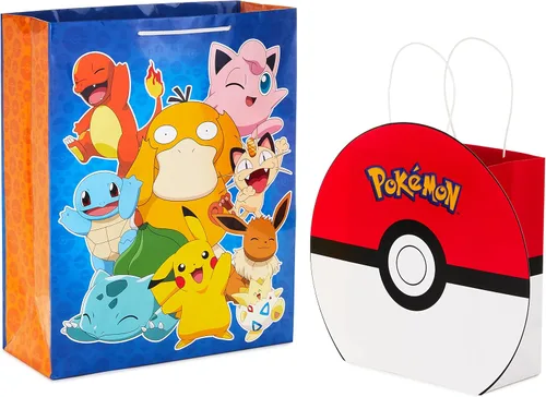 Hallmark Paquete de bolsas de regalo de Pokémon (PokéBall mediana de 9" y Pikachu extra grande de 15") para niños, cumpleaños, Navidad, Día de San