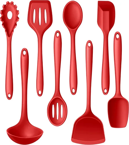 LIANYU Juego de utensilios de cocina de 8 piezas, juego de espátulas de utensilios de cocina de silicona, resistentes al calor, juego de Rojo