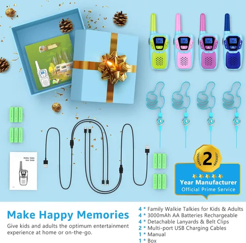 Miniatura 7 de Topsung Walkie Talkies para Niños de Largo Alcance Walkie-Talkie para Adultos Recargables Paquete de 4 con Cordón NOAA USB, Juguetes de Radio