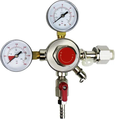 HFS (R) Regulador de CO2 de doble calibre de alta resistencia, cromado, ajuste de flujo sin herramientas, presión ajustable de 0-60 PSI, seguridad