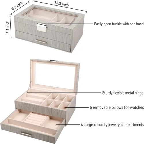 Miniatura 4 de LANDICI Caja organizadora de relojes para hombres y mujeres, 2 capas y 6 ranuras de piel sintética con parte superior de cristal, soporte grande