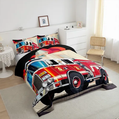 Miniatura 4 de Erosebridal Juego de ropa de cama de camión de bomberos para niños, juego de edredón de vehículo de rescate contra incendios de dibujos animados