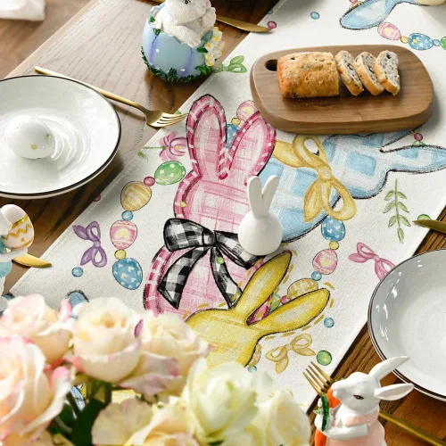 Miniatura 4 de Artoid Mode Camino de mesa de Pascua con lazo floral, conejo, conejo, huevos, Pascua, decoración de mesa de comedor de primavera para decoración