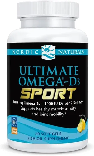 Nordic Naturals Ultimate Omega-D3 Sport, Limón, 60 geles blandos, 1480 mg de Omega-3 + 1000 UI de vitamina D3, certificado NSF, soporta músculos,