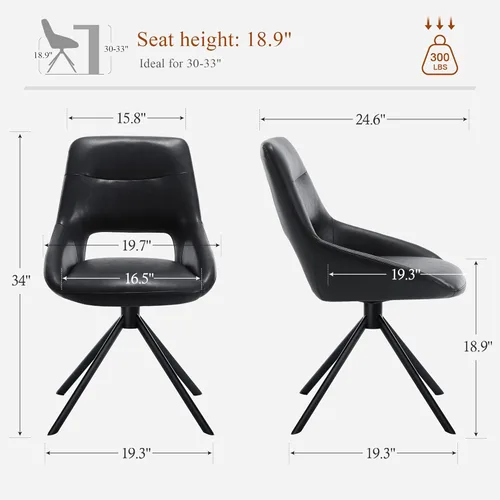 Miniatura 2 de Juego de 1 silla de escritorio moderna de mediados de siglo, sin ruedas, silla de comedor giratoria de piel sintética con patas de metal, silla Negro