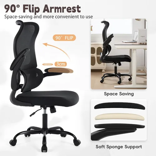 Miniatura 6 de Silla de oficina ergonómica, silla de escritorio de malla transpirable con respaldo alto para computadora con soporte lumbar ajustable y Negro