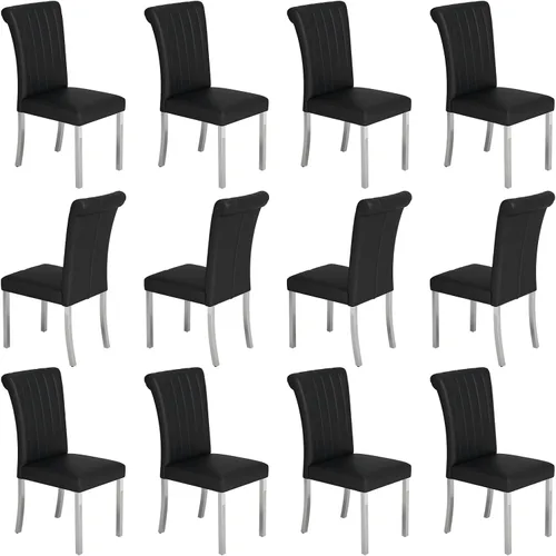 Miniatura 16 de Asday Juego de 2 sillas de comedor negras y plateadas, modernas sillas de comedor tapizadas de piel sintética con respaldo alto y patas cromadas