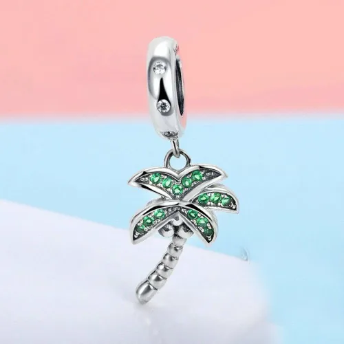 Miniatura 3 de Abalorio colgante de palmera de plata de ley 925 para vacaciones de verano para pulsera y collar, Plata esterlina, plateado