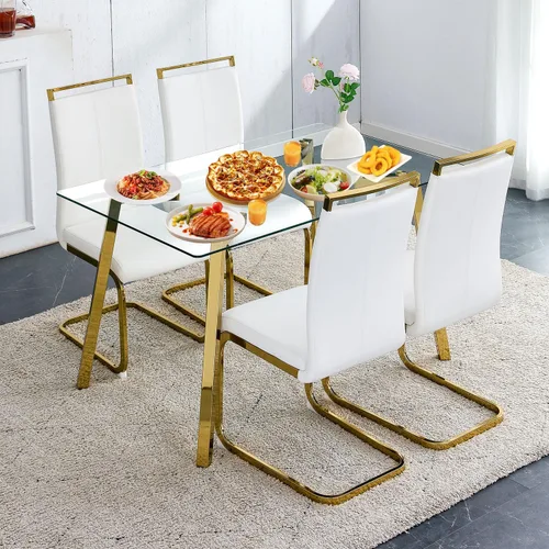 Miniatura 27 de Juego de mesa de comedor de cristal para 4, mesa rectangular con 4 sillas de cocina de cuero gris, juego de comedor de cocina de 51 pulgadas, mesa 4