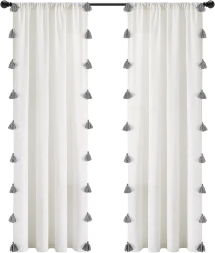 Lush Decor Panel de cortina de ventana con textura de lino sintético bohemio de 52 pulgadas de ancho x 84 pulgadas de largo, cortinas blancas y