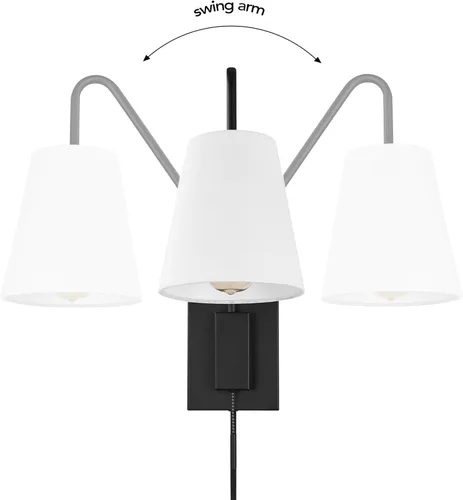 Miniatura 7 de Globe Electric 65000043 Lámpara de pared de 1 luz enchufable o cableada, negro mate, pantalla de tela blanca, brazo oscilante, cable de 1.8 metros