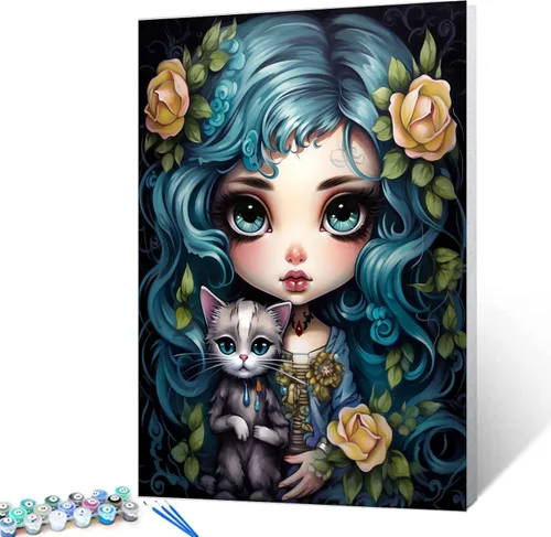 Kit de pintura de cabeza de niña con flores, por números, con pinceles, animales, gatos, pintura al óleo acrílica para adultos y niños, plantas de