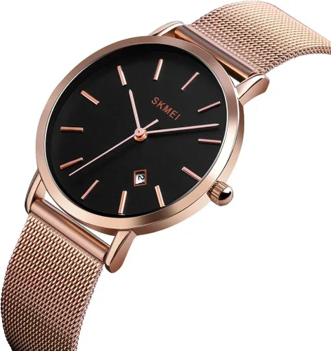 Miniatura 2 de SKMEI Womens Watches Slim Thin Luxury Dress Rose Gold Stainless Steel Mesh Watches Fashion Waterproof Ladies Black Wrist Watch with Date