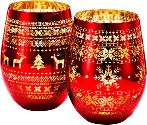 Miniatura 7 de Copas de cristal para vino y agua para árbol de Navidad, juego de 2 unidades, diseño temático rojo y dorado grabado con nieve de invierno, vidrio