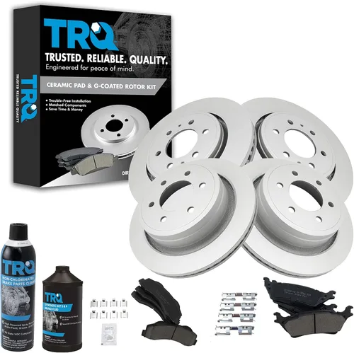 TRQ Kit de pastillas de freno delanteras y traseras y rotores Kit de productos químicos para frenos Pastillas de freno Rotor de freno Cerámica
