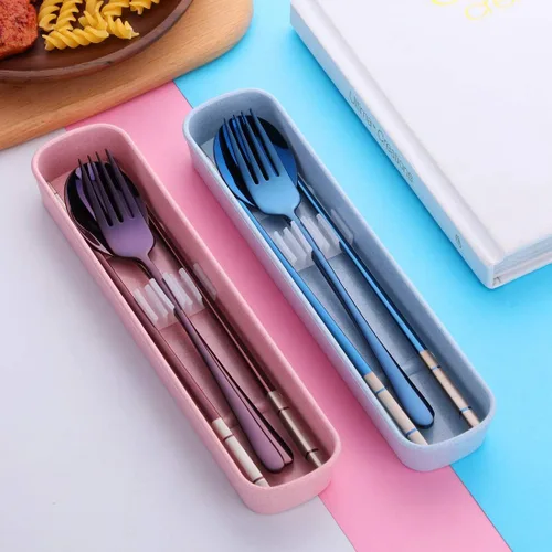 Miniatura 6 de Cubiertos de viaje portátiles, 3 piezas, cuchara, tenedor, palillos, acero inoxidable 18/10, con estuche y bolsa para la escuela, el trabajo