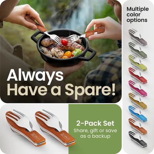 Miniatura 6 de Orblue Utensilios de comida 4 en 1, paquete de 2 – Cuchara portátil, tenedor, cuchillo y abridor de botellas – Cubiertos de acero inoxidable