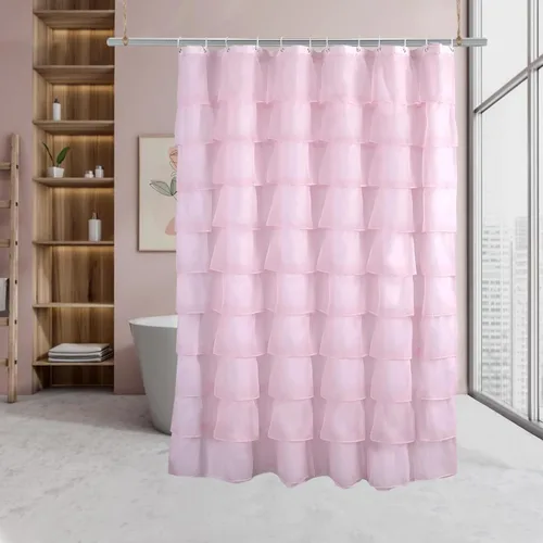Cortina de ducha Reisen de tela rosa con volantes, estilo granja para baño, cortina de ducha transparente, 72 x 72 pulgadas