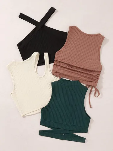 Miniatura 2 de MakeMeChic Paquete de 4 camisetas sin mangas de punto acanalado liso para mujer