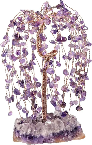 Rockcloud Árbol de dinero de cristal curativo hecho a mano sobre base de racimo de amatista natural, árbol de la vida para la suerte y la riqueza,