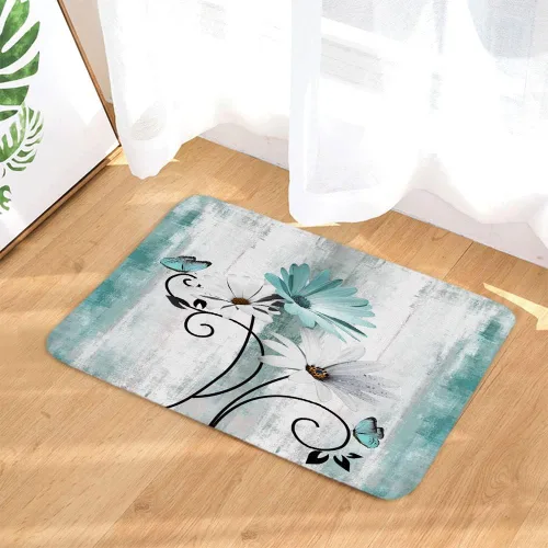 Miniatura 10 de Alfombra de baño rústica de granja, diseño de margaritas y mariposas en madera de campo, tapete de baño de madera color gris, blanco, azul marino