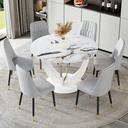Miniatura 64 de JUFU Juego de mesa de comedor redonda para 4, mesa de comedor de 48 pulgadas con mesa de mármol sintético y 4 sillas tapizadas, moderno juego