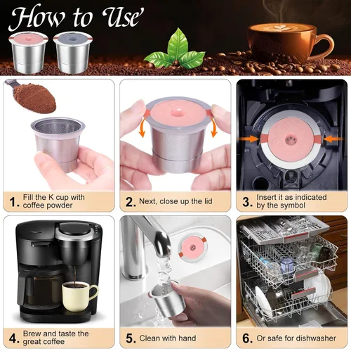 Miniatura 6 de Kcup - Cápsulas de café recargables: tazas K reutilizables de acero inoxidable para Keurig Metal K Cup - Filtro de café reutilizable rosa y gris