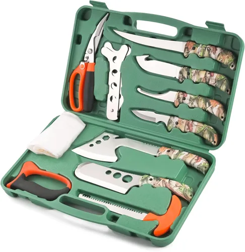 KNINE OUTDOORS Juego de cuchillos de ciervo de caza, kit de aderezo de campo, juego de carnicero portátil de bosque, 12 piezas