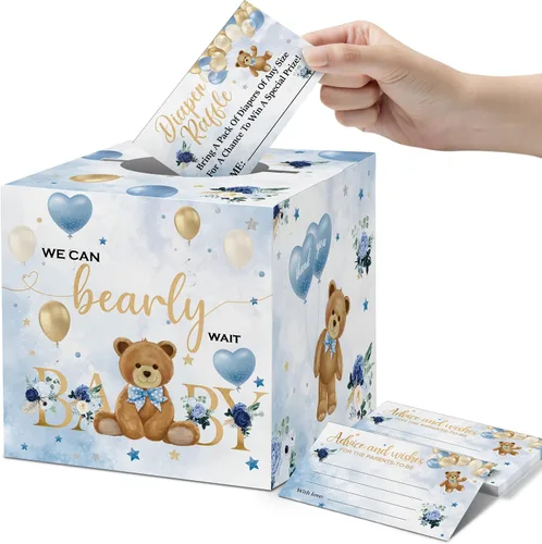 skuhyyg 50 boletos para rifas de pañales con caja de juego para baby shower, oso azul, oso rosa, letrero de sorteo de pañales, con texto en inglés