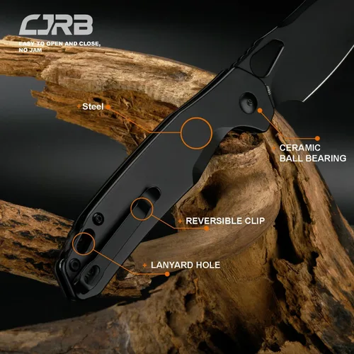 Miniatura 3 de CJRB Cuchillo de bolsillo Frack, hoja de acero AR-RPM9 de 3.9 pulgadas, con revestimiento de PVD, mango de acero EDC, cuchillo de bloqueo de botón