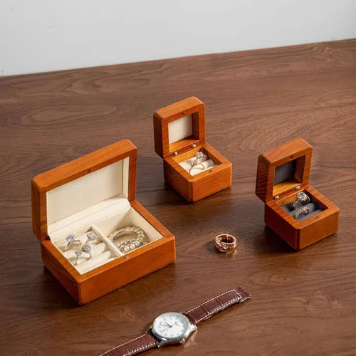 Miniatura 6 de Woodten Caja de anillo de boda de madera maciza Caja de anillo doble de madera cuadrada para propuesta