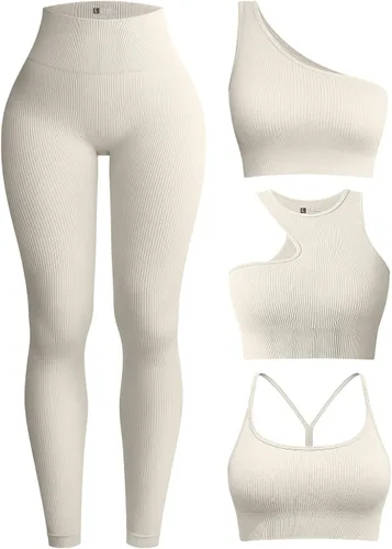 OQQ Conjunto de entrenamiento de 4 piezas para mujer, leggings de cintura alta acanalados para yoga con camiseta corta de 3 piezas con brasier