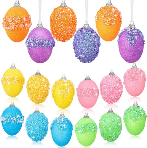 Lineshading 18 adornos de Pascua coloridos de espuma para colgar, huevos colgantes con purpurina para decoración de árbol de Pascua, manualidades de