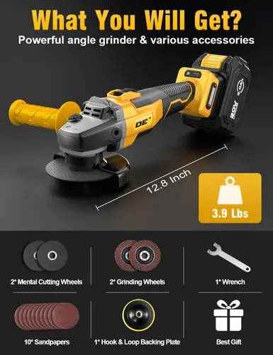 Miniatura 5 de Amoladora angular sin escobillas, para batería DEWALT de 20V, amoladora angular pequeña inalámbrica de 4-1/2" con mango auxiliar, 10 lijas, 2 discos