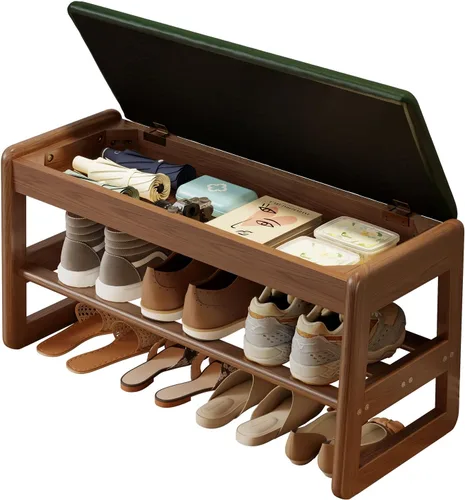 Miniatura 13 de AQIMUELE Banco pequeño para zapatos, banco de zapatos de 2 niveles con almacenamiento con tapa abatible, zapatero de madera para entrada, pasillo