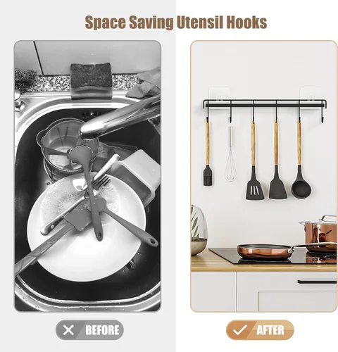 Miniatura 4 de Perchero de Utensilios de Cocina, Soporte de Utensilios Adhesivo de Pared con 12 Ganchos, Ahorro de Espacio y Sin Taladrar, Negro, 2 Piezas