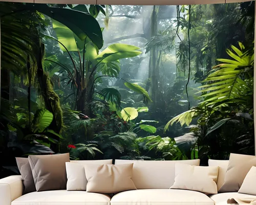 Miniatura 8 de QGHOT Tapiz de selva para colgar en la pared, telón de fondo de selva tropical con hojas de palmera verde, arte de pared de bosque extra grande