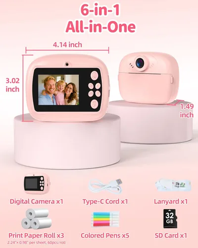 Miniatura 6 de Cámara de impresión instantánea para niños, cámara digital 1080P para niños con tarjeta SD de 32 GB, juguetes para niñas pequeñas, regalos de Rosa