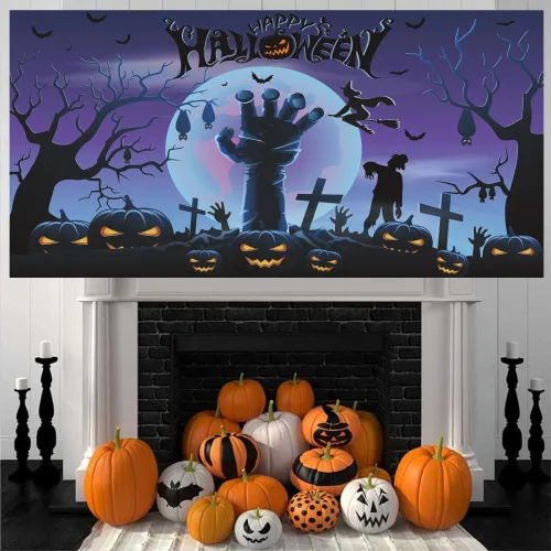Miniatura 5 de Telón de fondo de Halloween de 7 x 5 pies, pancarta de fondo de noche de terror para fiesta de Halloween, calabaza, luna, rama de árbol seco