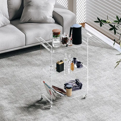 Miniatura 2 de Dethan Carrito de barra de acrílico – Carrito de servicio transparente de 3 niveles con ruedas bloqueables, moderno carrito de bar transparente