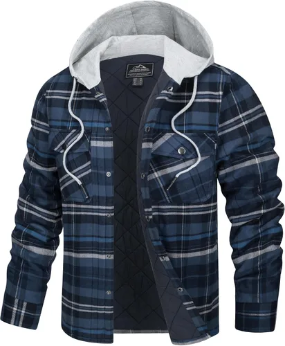 TACVASEN Chaqueta de franela para hombre con capucha, camisas de franela gruesa a cuadros acolchadas, forro de manga larga, abrigo de algodón de
