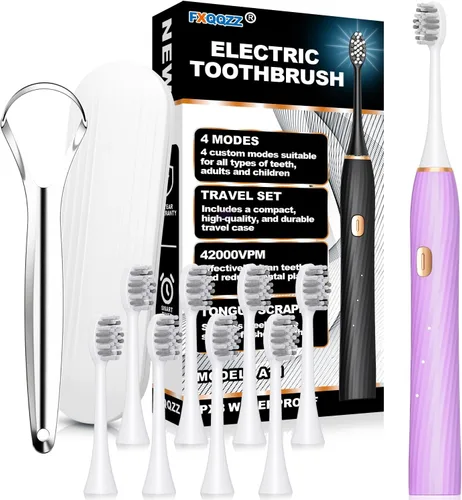 Miniatura 9 de FXQQZZ Cepillo de dientes eléctrico para adultos y niños, con raspador de lengua y estuche de viaje, 8 cabezales de cepillo, temporizador