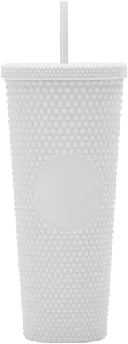 Miniatura 7 de Vaso Tachonado DIY de 24oz. Vaso Tachonado Negro Mate con Tapa y Pajita. Vaso de Viaje Reutilizable con Aislamiento de Doble Pared. Vaso de Plástico