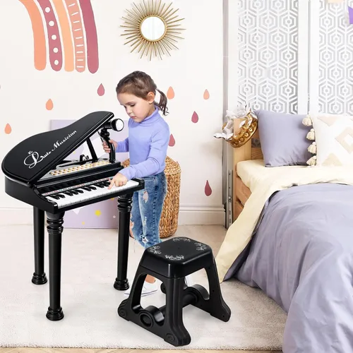 Miniatura 9 de Costzon Piano para niños, mini teclado de juguete de piano de cola de 31 teclas con micrófono, taburete y luces, piano electrónico portátil, juguete